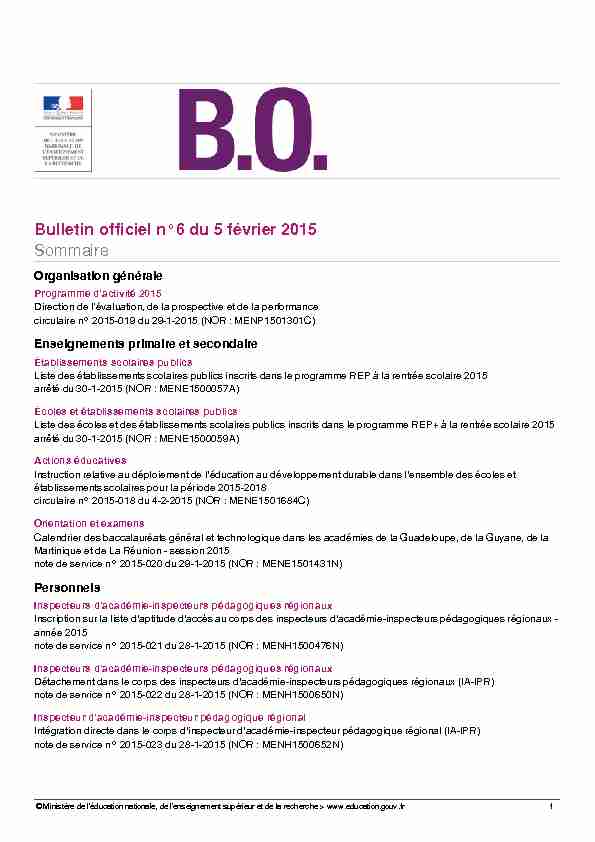 Bulletin officiel n°6 du 5 février 2015 Sommaire
