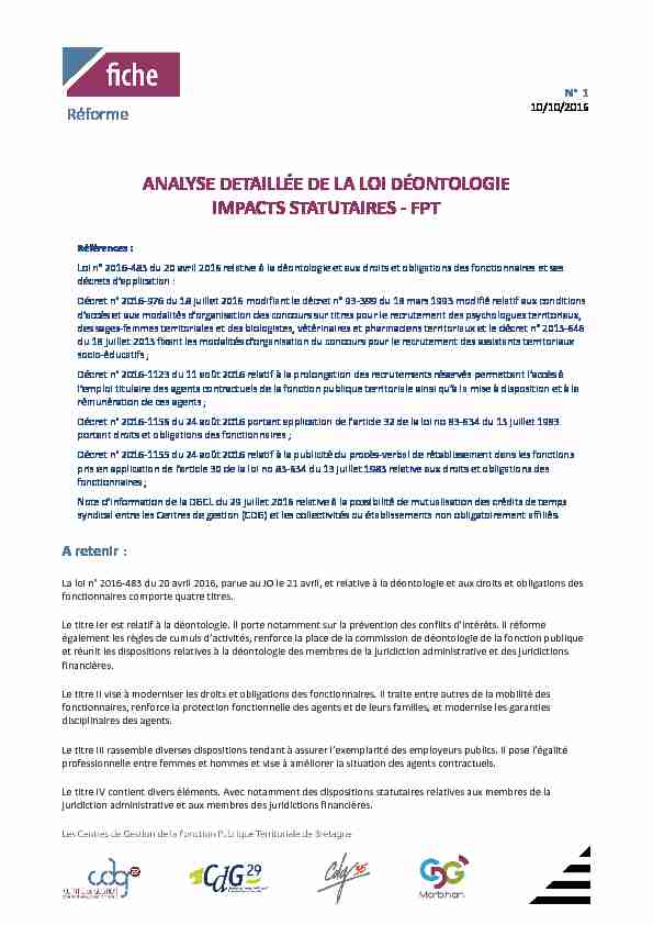 ANALYSE DETAILLÉE DE LA LOI DÉONTOLOGIE IMPACTS STATUTAIRES - FPT