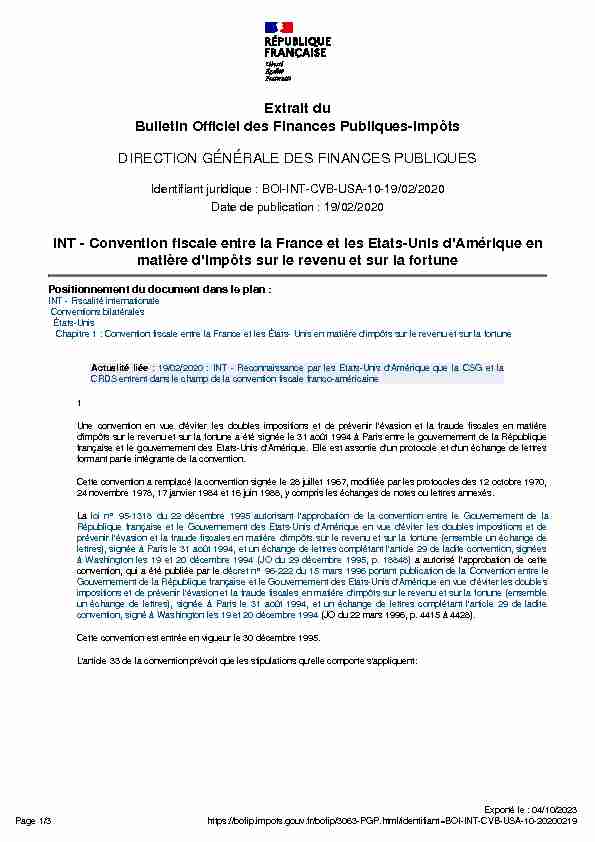 INT - Convention fiscale entre la France et les Etats-Unis dAmérique