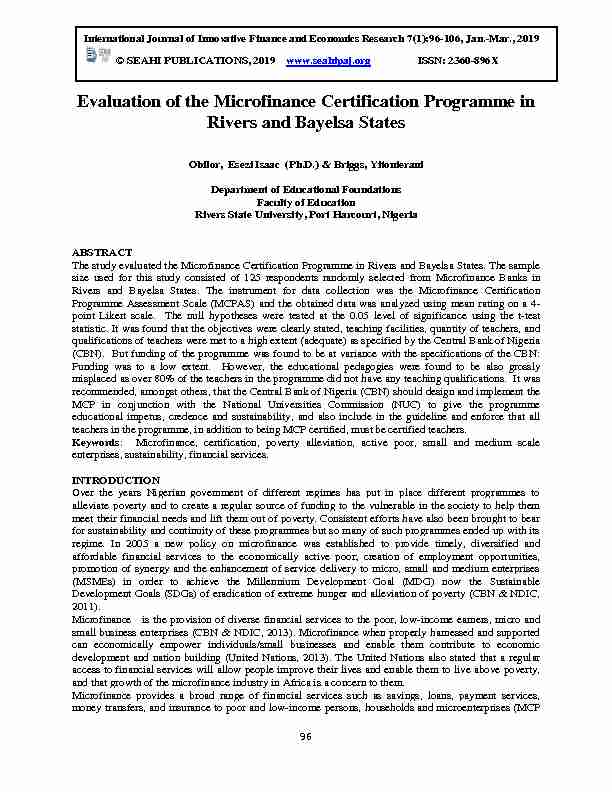 [PDF] Evaluation of the Microfinance Certification Programme in Rivers