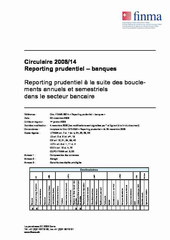 Circulaire 2008/14 Reporting prudentiel – banques Reporting