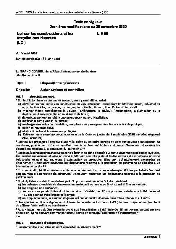 rsGE L 5 05: Loi sur les constructions et les installations diverses (LCI)