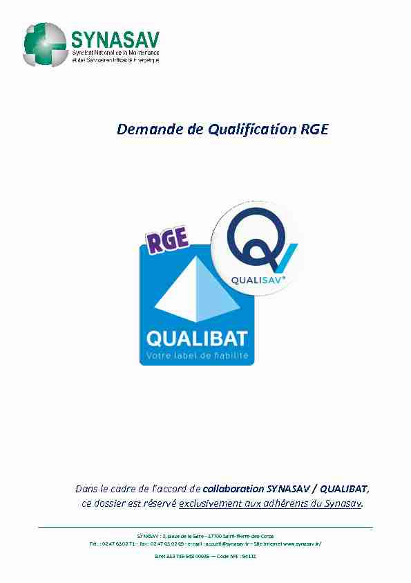 Synasav - Demande de Qualification RGE