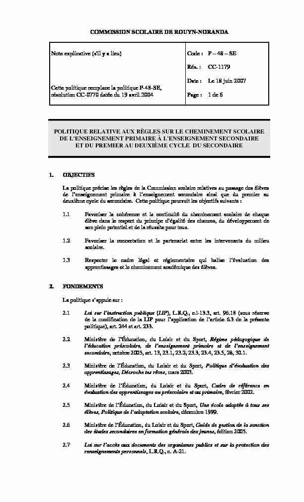 COMMISSION SCOLAIRE DE ROUYN-NORANDA Note explicative