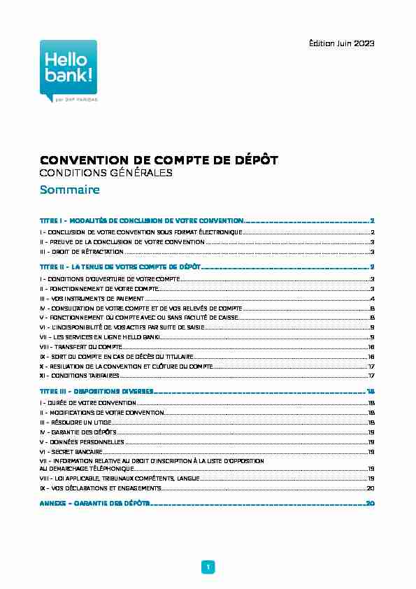 CONVENTION DE COMPTE DE DÉPÔT - CONDITIONS