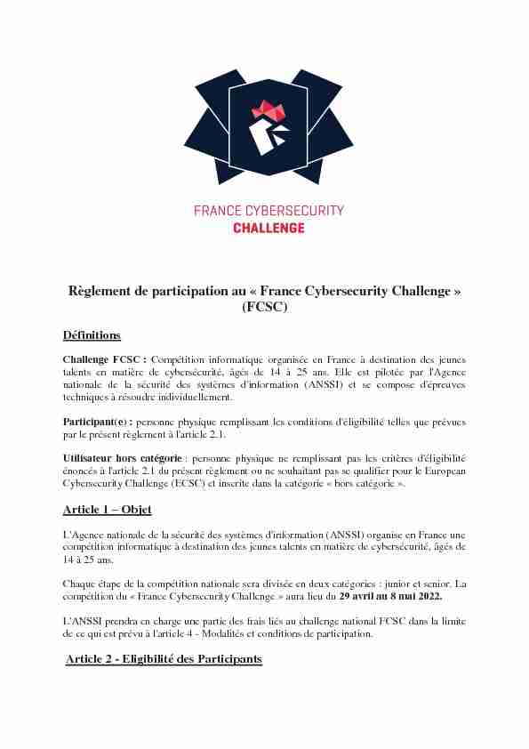 Règlement de participation au « France Cybersecurity Challenge