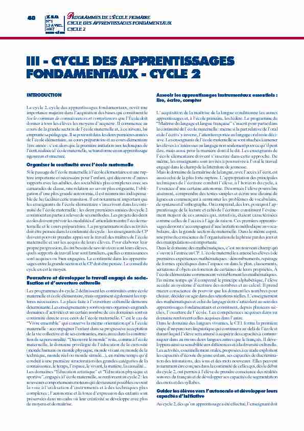 III - CYCLE DES APPRENTISSAGES FONDAMENTAUX - CYCLE 2