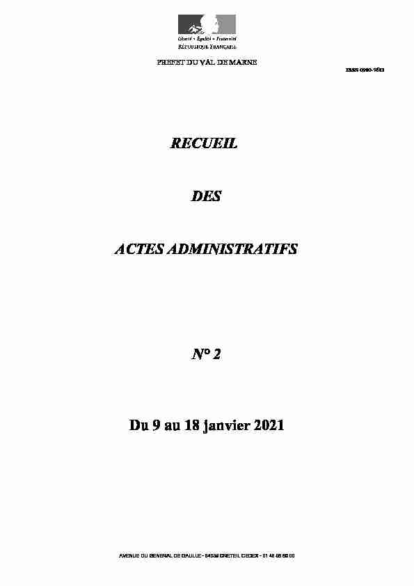 RECUEIL DES ACTES ADMINISTRATIFS N° 2 Du 9 au 18 janvier