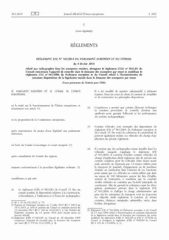Règlement (UE) no 165/2014 du Parlement Européen et du Conseil
