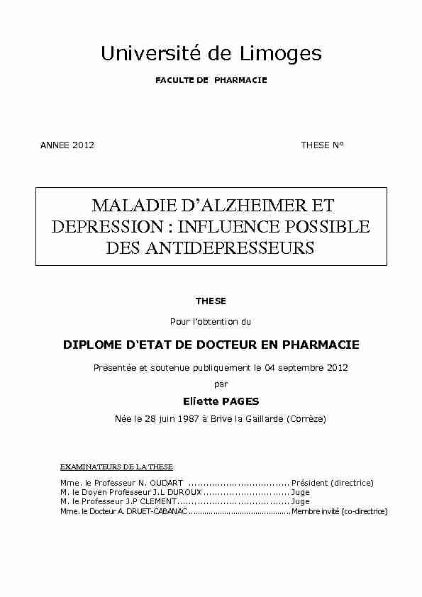 [PDF] Maladie dAlzheimer et dépression : influence  - Aurore - Unilim