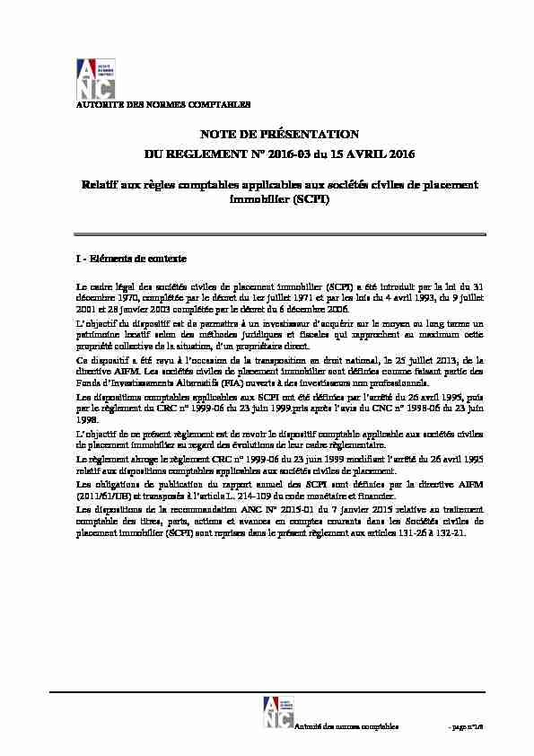 NOTE DE PRÉSENTATION DU REGLEMENT N° 2016-03 du 15