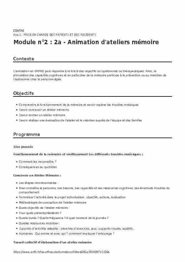 Module n°2 : 2a - Animation dateliers mémoire