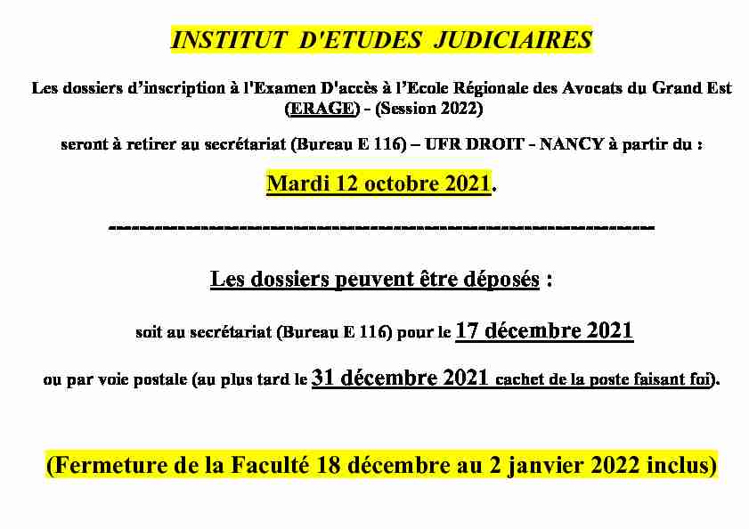 INSTITUT D'ETUDES JUDICIAIRES (Fermeture de la Faculté 18
