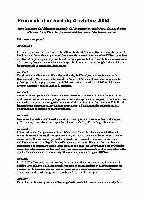 Protocole daccord du 4 octobre 2004