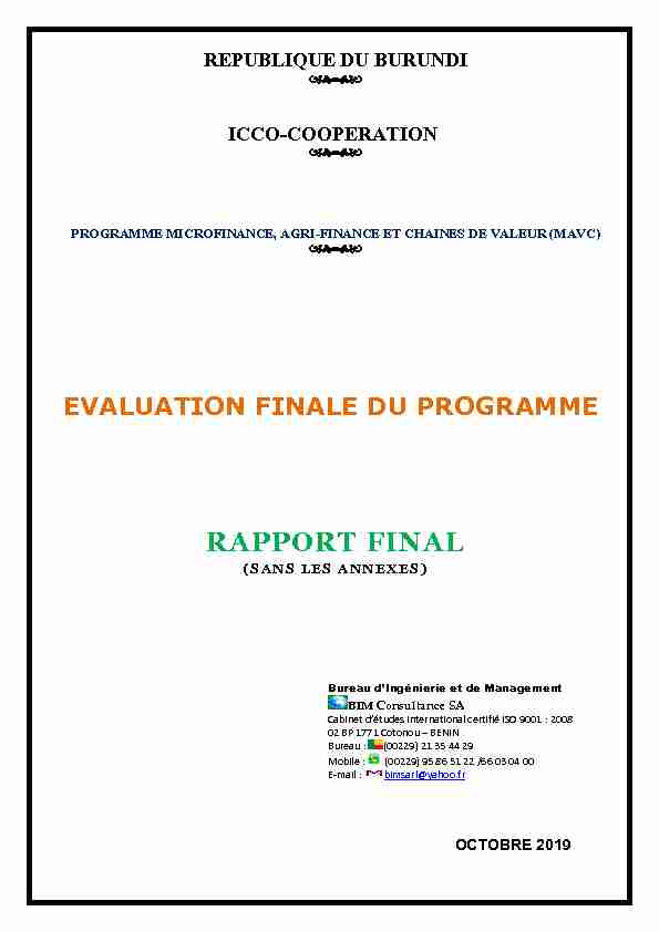 Evaluation finale du programme Microfinance Agri-finance et
