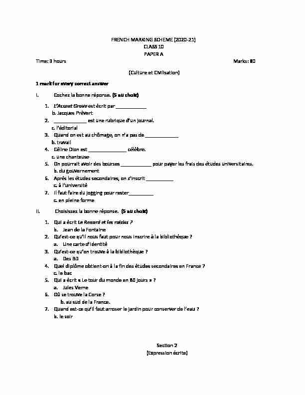 FRENCH MARKING SCHEME (2020-21) CLASS 10 PAPER A Time