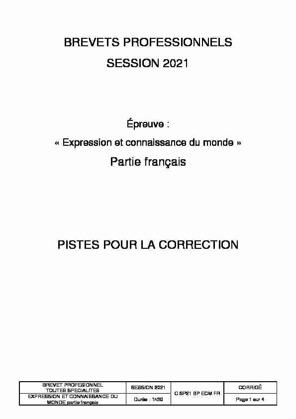 BREVETS PROFESSIONNELS SESSION 2021 Partie français
