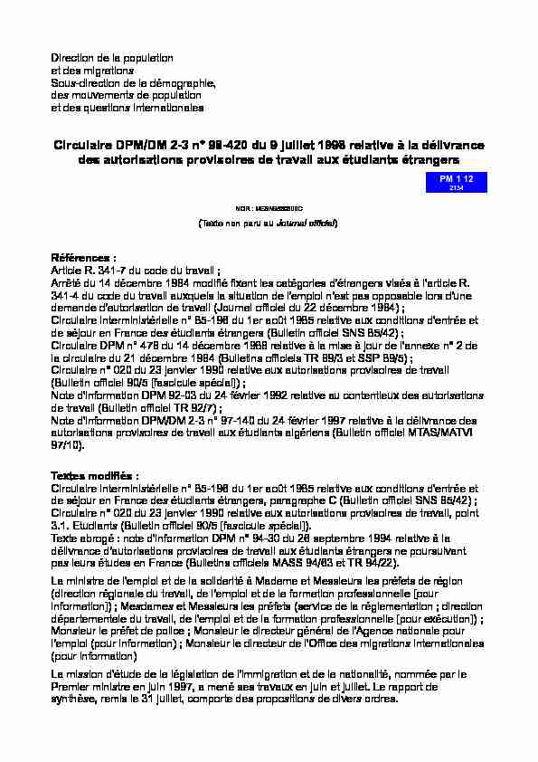 Circulaire DPM/DM 2-3 n° 98-420 du 9 juillet 1998 relative à