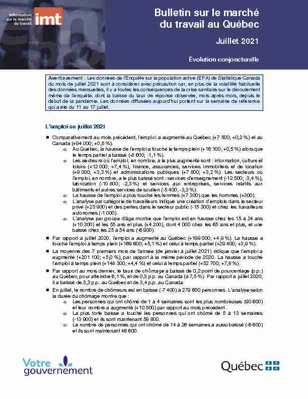 Bulletin sur le marché du travail au Québec - Juillet 2021