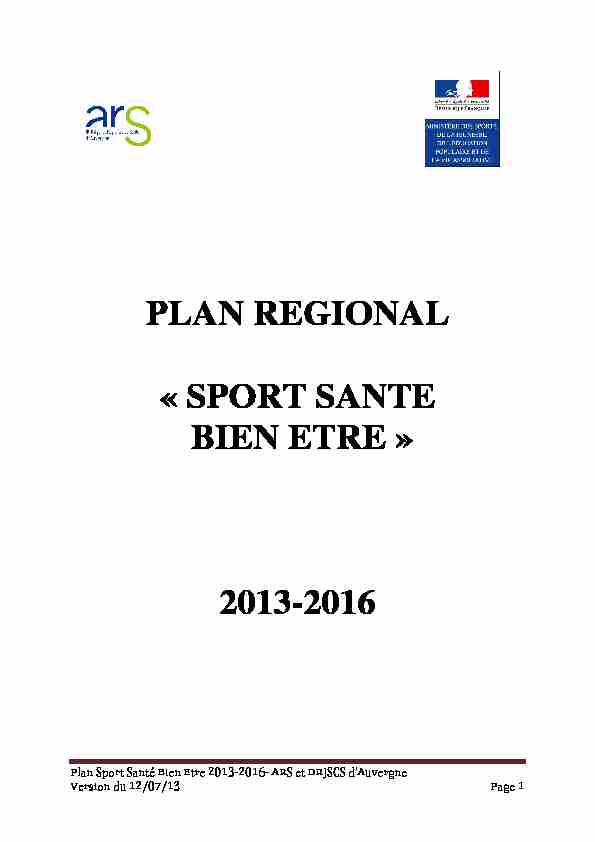 PLAN REGIONAL « SPORT SANTE BIEN ETRE » 2013-2016