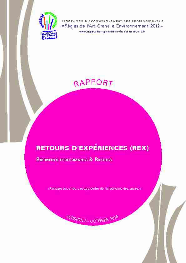 RAGE - Rapport 2014 « Retours dexpériences (REX) - Bâtiments