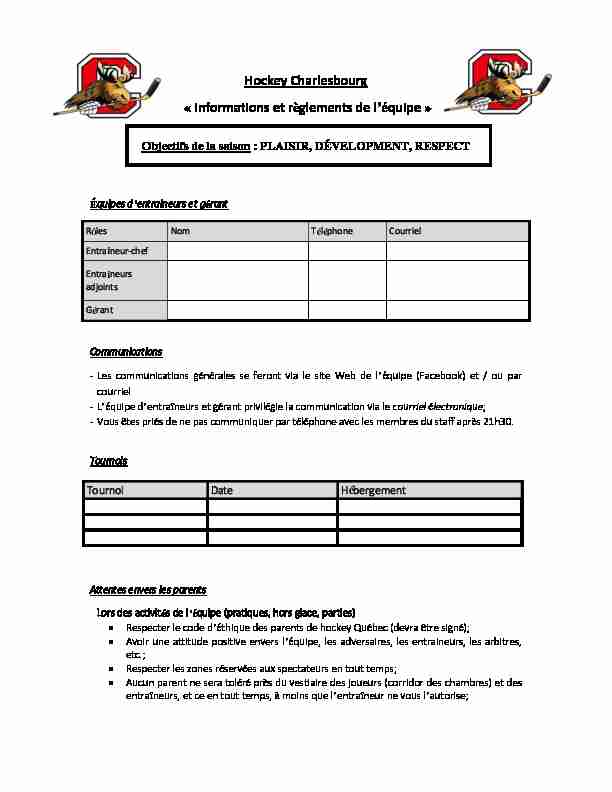 Hockey Charlesbourg « Informations et règlements de léquipe »