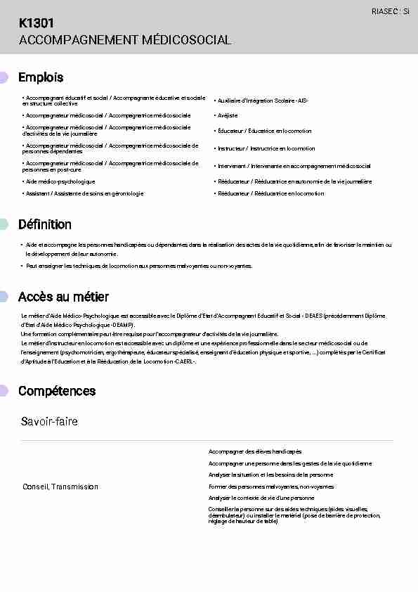 Fiche métier - K1301 - Accompagnement médicosocial