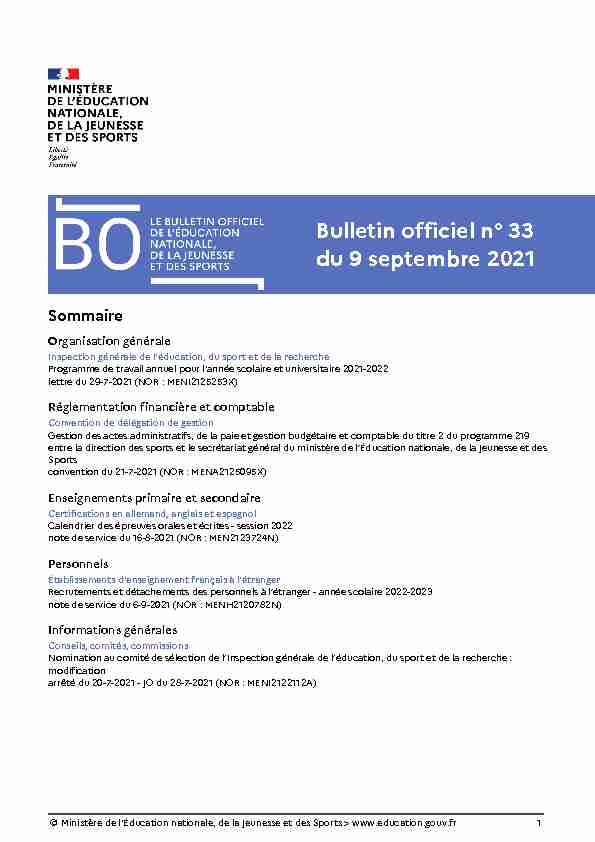 Bulletin officiel n° 33 du 9 septembre 2021