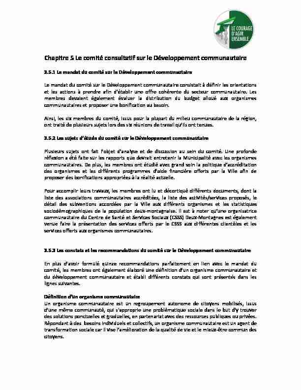 [PDF] Chapitre 5 Le comité consultatif sur le Développement communautaire