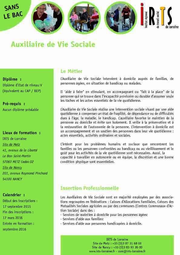 [PDF] auxiliaire de Vie Sociale - IRTS de Lorraine