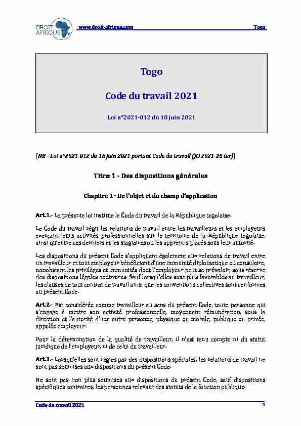 Togo - Loi n°2021-012 du 18 juin 2021 portant Code du travail