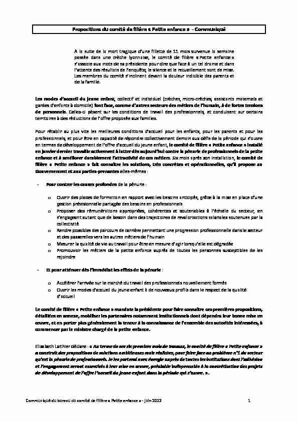 [PDF] Propositions du comité de filière « Petite enfance » - Communiqué