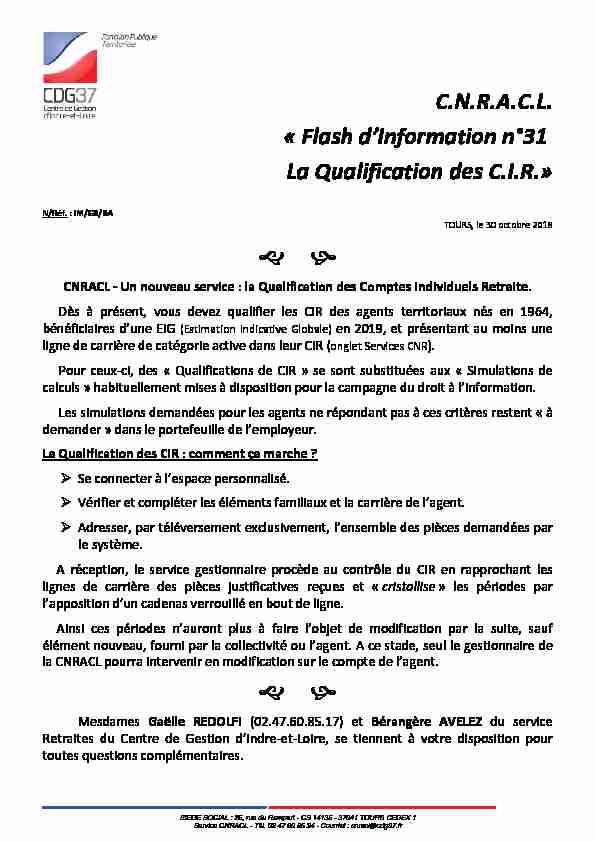 [PDF] CNRACL « Flash dInformation n°31 La Qualification des CIR - CDG37