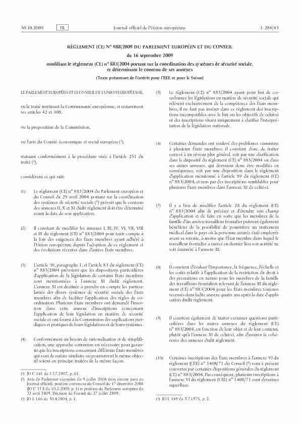 Règlement (CE) no 988/2009 du Parlement européen et du Conseil