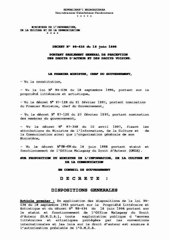 Decret n° 98-435 du 16 juin 1998 portant règlement général de