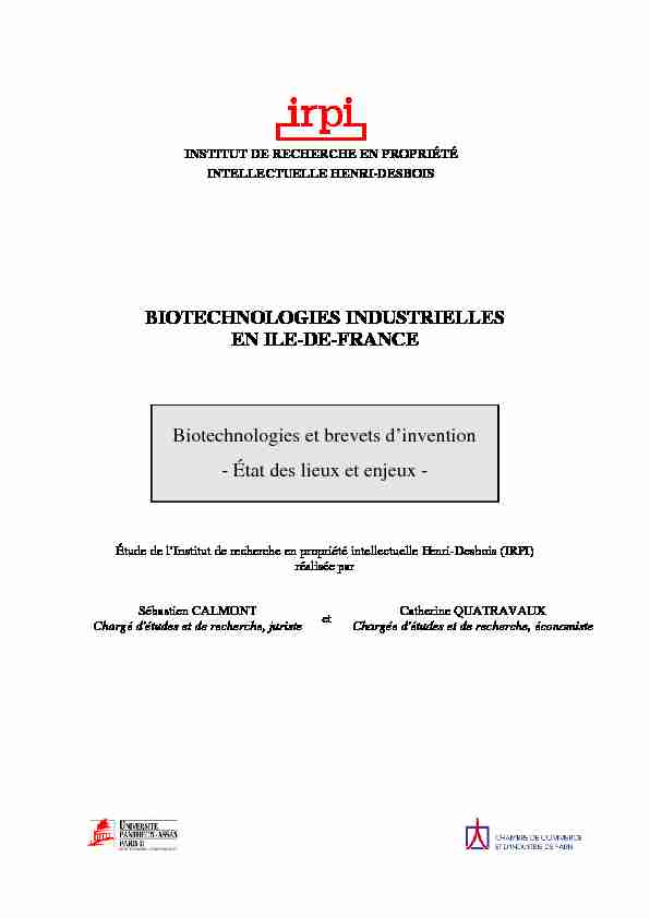 IRPI - Biotechnologies et brevets dinvention - État des lieux et enjeux