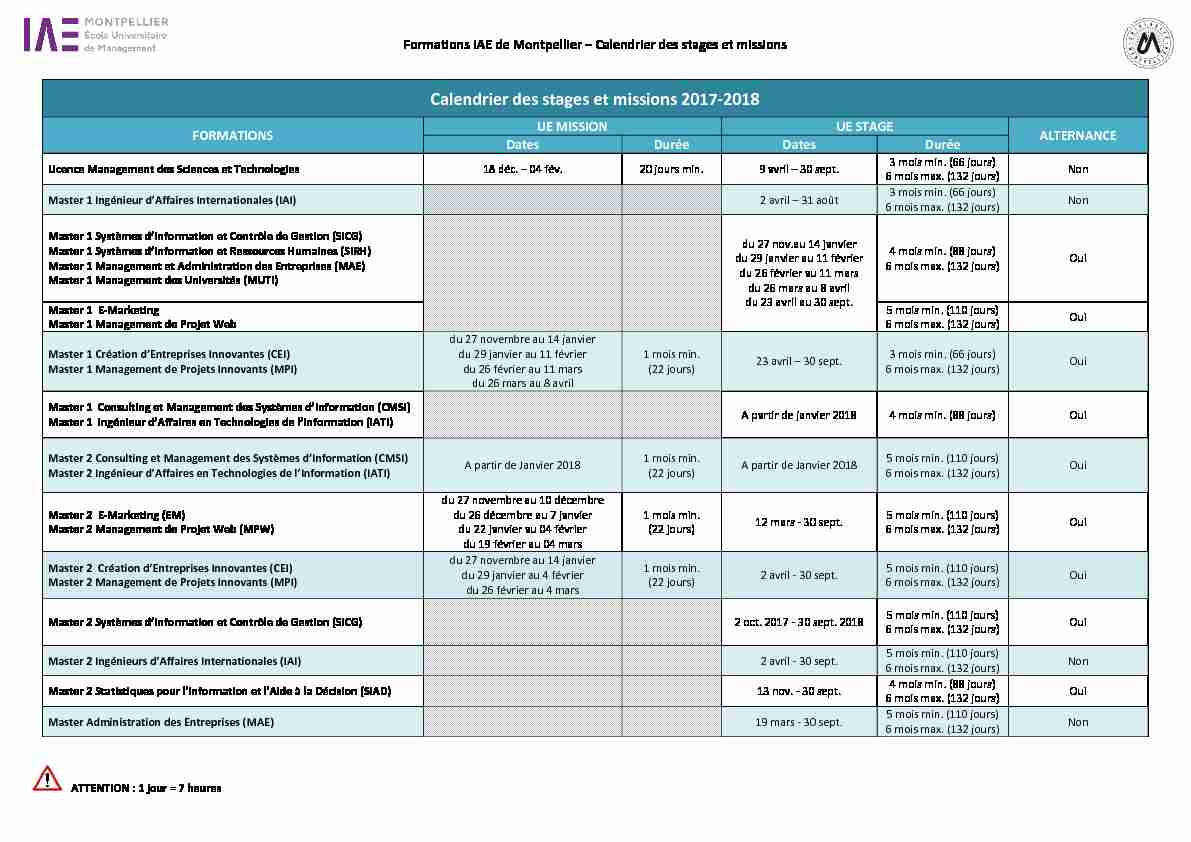 Calendrier des stages et missions 2017-2018 - IAE Montpellier
