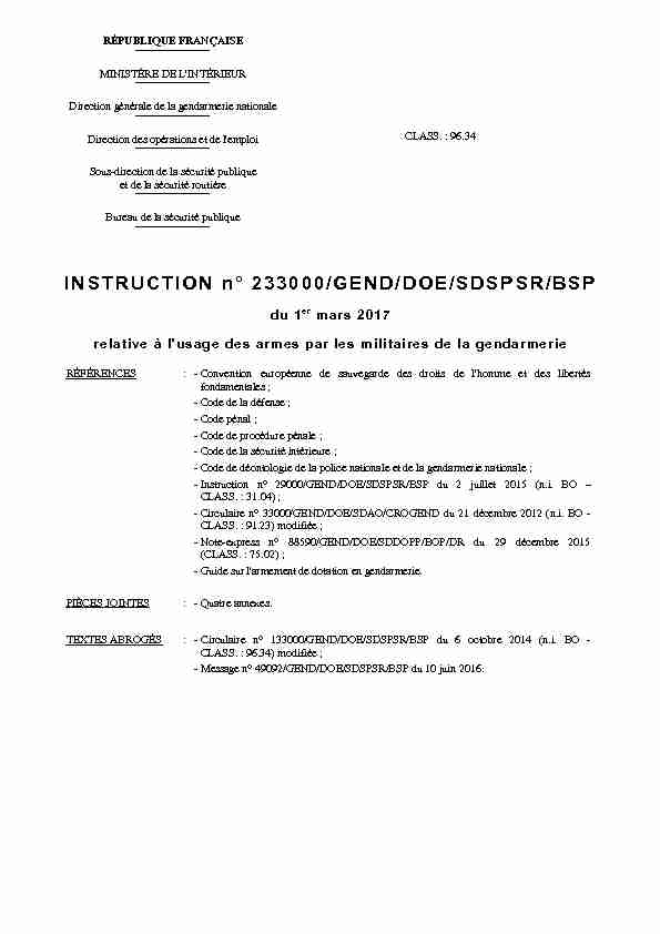 INSTRUCTION n° 233000/GEND/DOE/SDSPSR/BSP