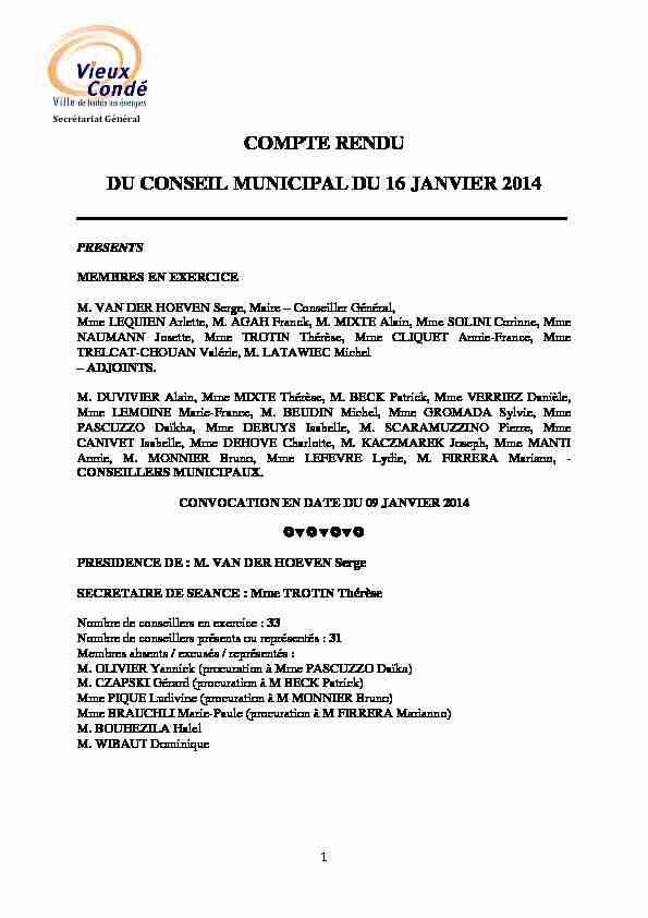 COMPTE RENDU DU CONSEIL MUNICIPAL DU 16 JANVIER 2014