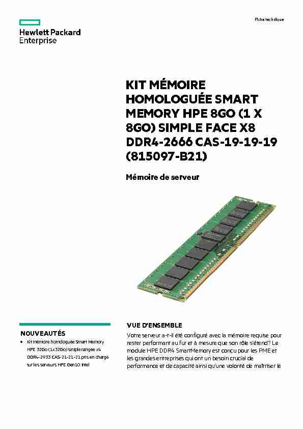 Kit mémoire homologuée Smart Memory HPE 8 Go (1 x 8 Go) simple