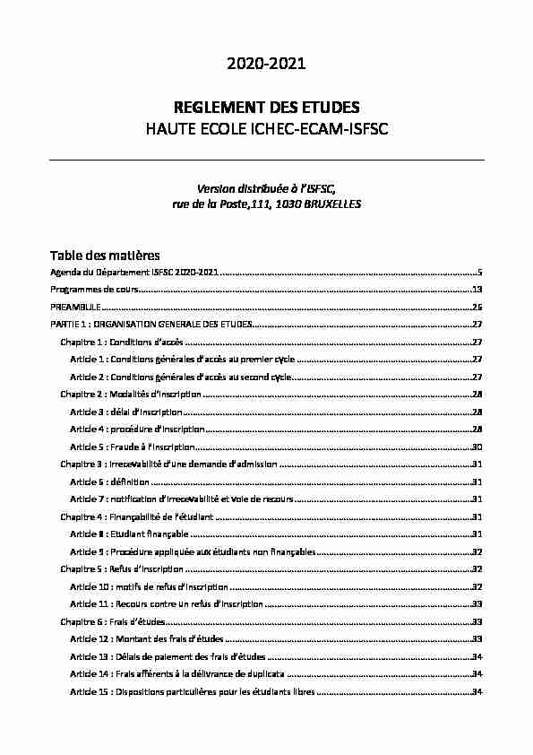 2020-2021 REGLEMENT DES ETUDES HAUTE ECOLE ICHEC