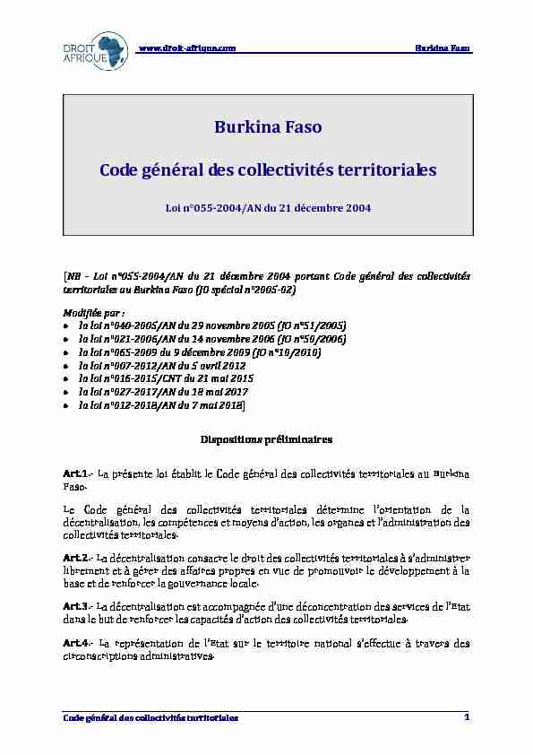 Burkina Faso Code général des collectivités territoriales