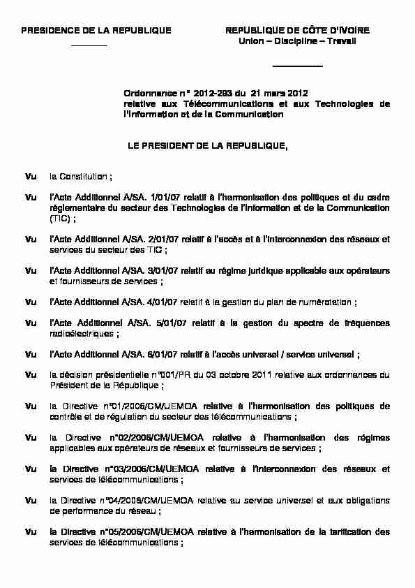 Cote dIvoire - Ordonnance n°2012-293 du 21 mars 2012 relative