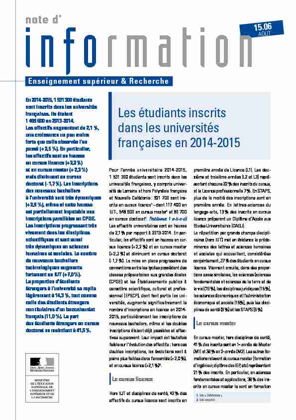 Les étudiants inscrits dans les universités françaises en 2014-2015