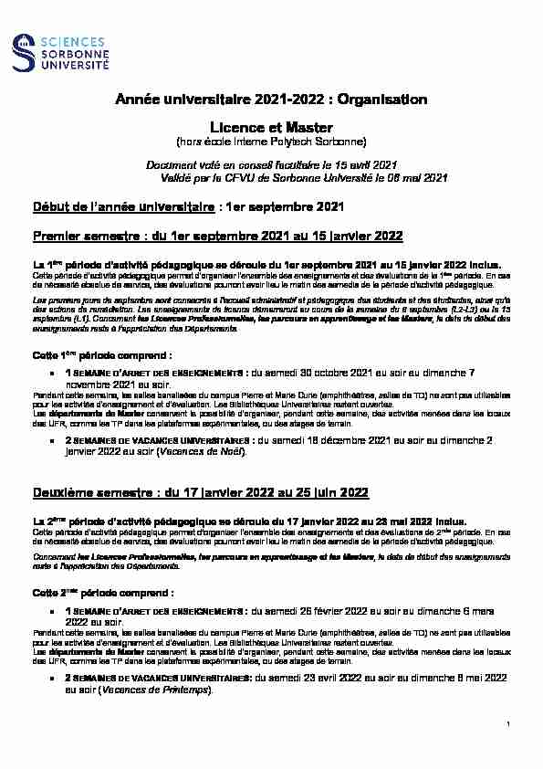 Année universitaire 2021-2022 : Organisation Licence et Master