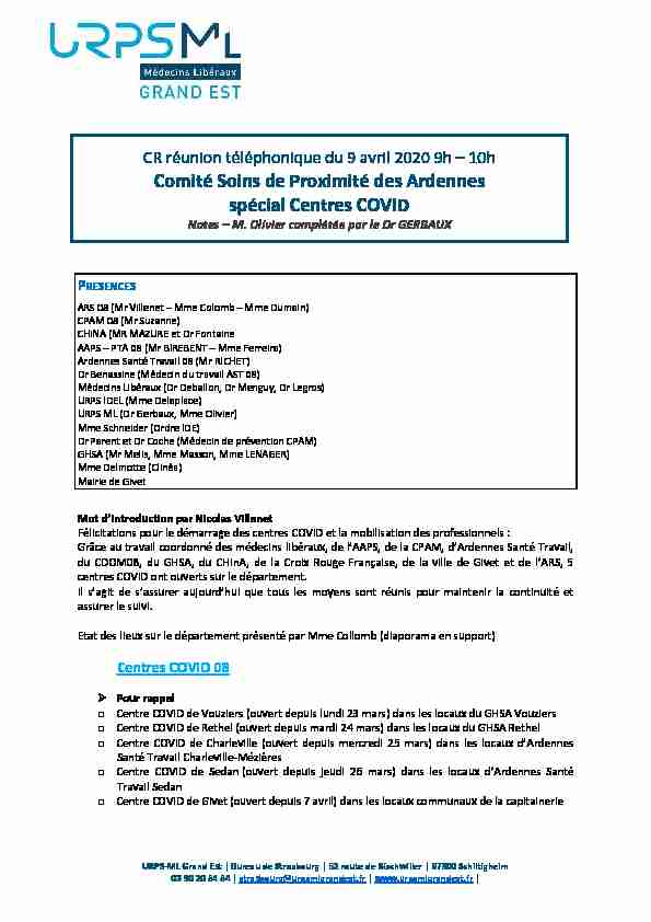 CR Comité Soins de proximité Ardennes spécial centres COVID