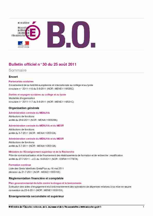 Bulletin officiel n°30 du 25 août 2011 Sommaire