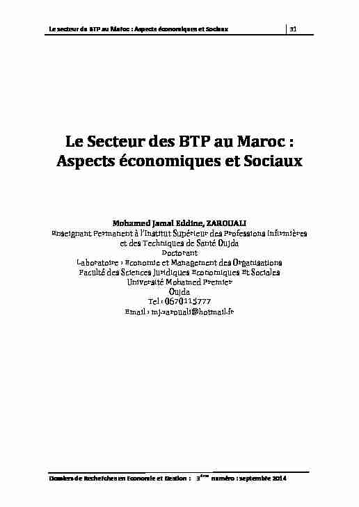 Le Secteur des BTP au Maroc : Aspects économiques et Sociaux