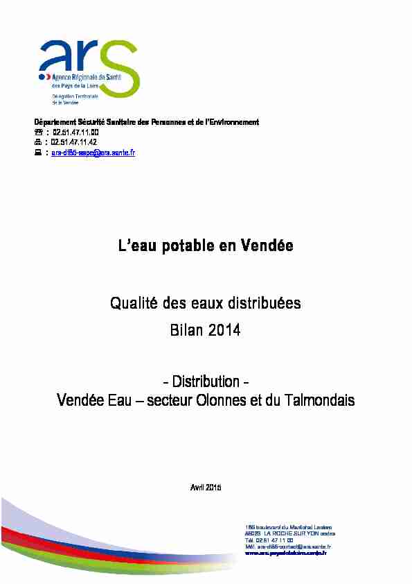 Leau potable en Vendée Qualité des eaux distribuées Bilan 2014