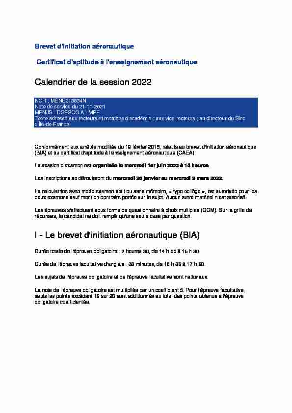 Calendrier de la session 2022 I - Le brevet dinitiation aéronautique